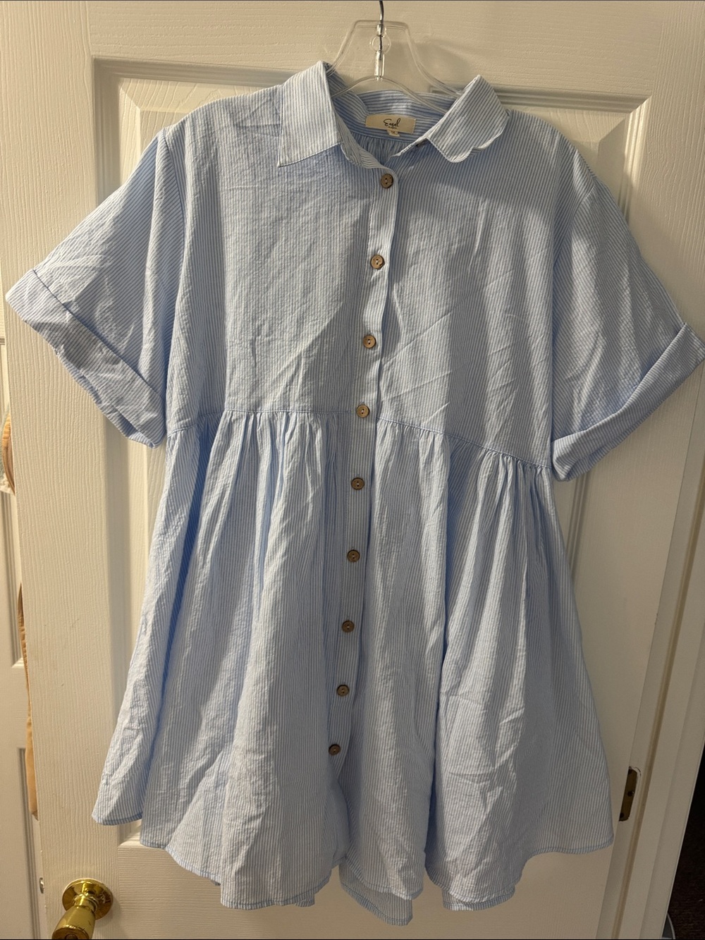 easel Light Blue & White Striped Button-Front Babydoll Tunic - Picture 2 of 8